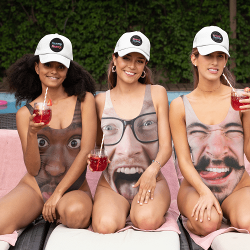 swimsuit mockup of three women wearing trucker hats at a bachelorette party 29675